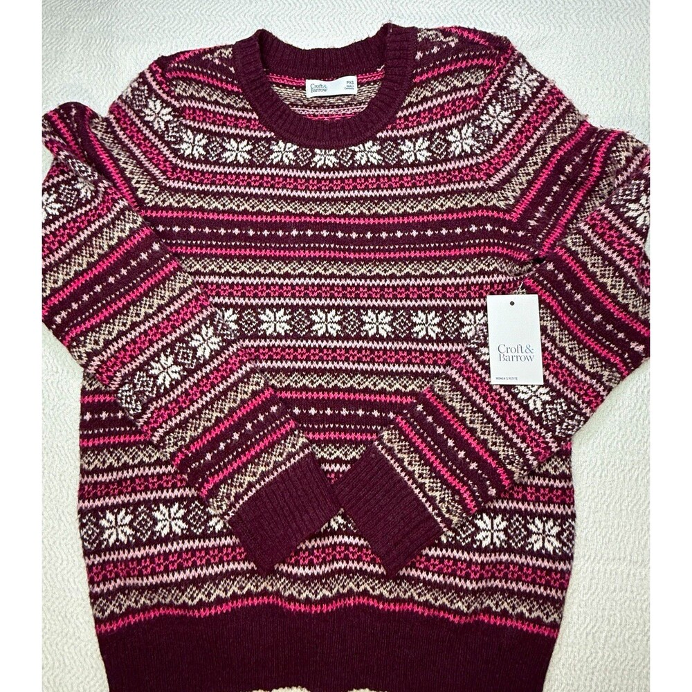 Croft & Barrow Crew Neck Knit Pullover Sweater Fair Isle Burgundy Pink PXS